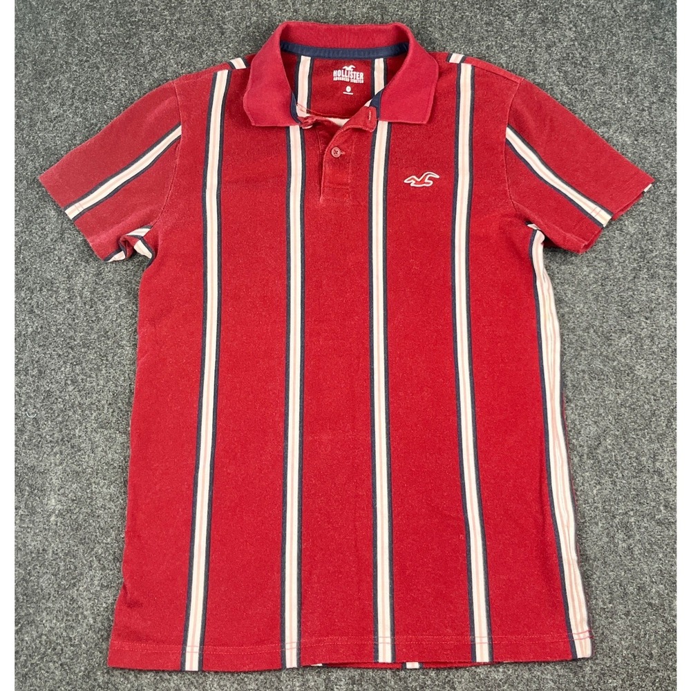 Hollister Mens Advanced Stretch Vertical Stripe Polo Shirt Red Navy White M